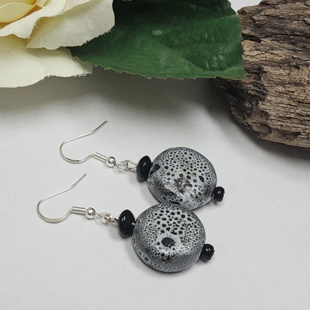 Hand Crafted Black & Gray Ceramic Dangle Drop Earrings